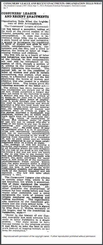 Consumers’ League and Recent Enactments: Organization Tells What the Legislature of 1913 Accomplished, Hartford Courant, September 17, 1913, p. 5.